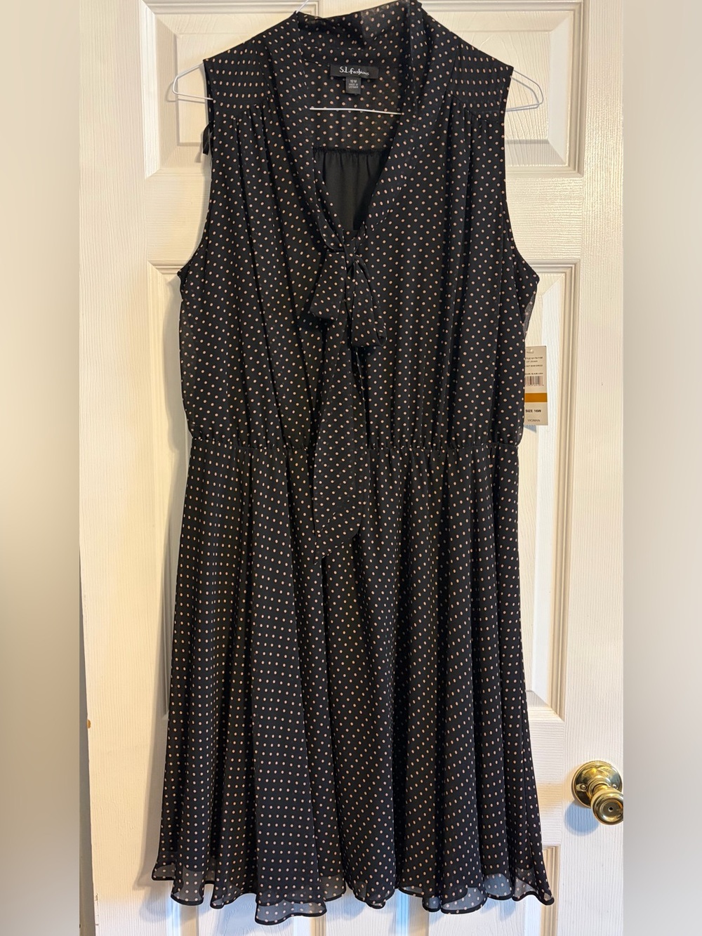 SL Fashions Black Chiffon Polka Dot Dress Tie Neck Sleeveless Midi Plus Size 16W
